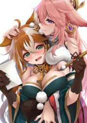 Rule 34 | 2girls, absurdres, bare shoulders, breast rest, breasts, cleavage, elocca, genshin impact, green eyes, hair between eyes, hand on another&#039;s head, highres, hina (genshin impact), holding, holding paper, large breasts, long hair, md5 mismatch, multiple girls, nail polish, paper, pink hair, resolution mismatch, simple background, source smaller, white background, yae miko
