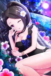 Rule 34 | 1girl, absurdres, alternative girls, bare arms, bare legs, black hair, black one-piece swimsuit, breasts, cleavage, unworn eyewear, flower, full moon, hair flower, hair ornament, hand on own cheek, hand on own face, highres, looking at viewer, lying, moon, night, ocean, official art, on side, one-piece swimsuit, one eye closed, open mouth, palm tree, ponytail, purple eyes, saionji rei, solo, sunglasses, swimsuit, tree