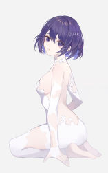 Rule 34 | 1girl, artist name, bare shoulders, barefoot, blue eyes, blue hair, breasts, clear regulus, commentary, feet, full body, grey background, hair between eyes, honkai (series), honkai impact 3rd, looking at viewer, open mouth, partial bodysuit, seele vollerei, short hair, sideboob, simple background, solo, symbol-only commentary, teeth, toes