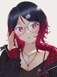 Rule 34 | 1girl, adjusting eyewear, black hair, black jacket, black shirt, blush, breasts, cat hair ornament, cleavage, collarbone, commentary request, earrings, glowing, glowing eyes, gradient hair, hair ornament, hand up, highres, jacket, jewelry, kisaragi ren (vtuber), long sleeves, looking at viewer, multicolored hair, necklace, parted bangs, portrait, red eyes, red hair, round eyewear, shirt, short hair, small breasts, solo, triangle mouth, virtual youtuber, vspo!, yasawa kichi