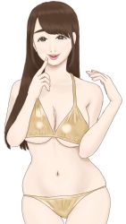 Rule 34 | 1girl, bikini, breasts, cleavage, gold bikini, highres, navle, shiraishi marina, tagme