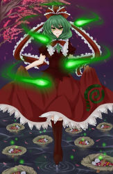 Rule 34 | 1girl, boots, bow, cross-laced footwear, doll, female focus, front ponytail, full body, glowing, green eyes, green hair, hair bow, highres, kagiyama hina, lace-up boots, matching hair/eyes, name connection, object namesake, outdoors, puffy sleeves, short sleeves, smile, solo, standing, touhou, tree, water, yami nabe