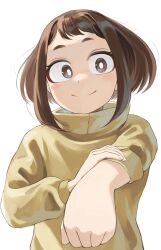 Rule 34 | 1girl, boku no hero academia, brown eyes, brown hair, closed mouth, fengling (furin-jp), highres, looking at viewer, outstretched arm, short hair, simple background, smile, solo, sweater, turtleneck, turtleneck sweater, uraraka ochako, white background, yellow sweater
