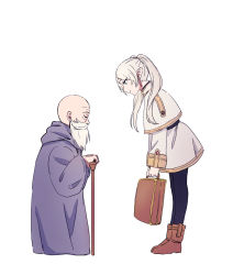 Rule 34 | 1boy, 1girl, 5o, age difference, bald, beard, black pantyhose, briefcase, cane, cloak, closed eyes, dress, earrings, elf, facial hair, facing another, frieren, from side, full body, hair over shoulder, height difference, highres, himmel (sousou no frieren), holding, jewelry, leaning forward, long hair, long sleeves, looking at another, old, old man, pantyhose, pointy ears, profile, robe, silver hair, simple background, smile, sousou no frieren, standing, twintails, white background