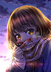Rule 34 | 1girl, backlighting, blood, blood on clothes, blush, breath, brown eyes, brown hair, cloud, coat, commentary request, enpera, long hair, looking at viewer, original, outdoors, plaid, plaid scarf, scarf, sharp teeth, sky, sleeves past wrists, solo, sun, sunrise, sunset, taniguchi seima, teeth, upper body, veins
