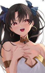 Rule 34 | 1girl, absurdres, armlet, bikini, black hair, blush, breasts, cleavage, collarbone, earrings, fate/grand order, fate (series), gold trim, hair ribbon, highres, hoop earrings, ishtar (fate), jewelry, kurozawa yui, long hair, looking at viewer, medium breasts, neck ring, open mouth, parted bangs, red eyes, ribbon, smile, solo, swimsuit, two side up