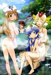 Rule 34 | 10s, 1boy, 3girls, :o, ^ ^, absurdres, ass, barefoot, bath stool, blonde hair, blue eyes, blue hair, breasts, brown eyes, brown hair, bubble, censored, censored nipples, cleavage, closed eyes, cloud, convenient censoring, day, feet, gre-chan, grenda-san, hand on own cheek, hand on own face, hat, highres, kawakami tetsuya, legs, long hair, long legs, looking back, medium breasts, megami magazine, minerva x, mixed-sex bathing, multiple girls, non-web source, nude, official art, onsen, open mouth, outdoors, red eyes, robot girls z, shared bathing, sitting, sky, small breasts, steam, stool, toes, towel, trap, uno makoto, v arms, very long hair, water, z-chan