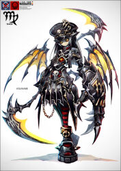 Rule 34 | 1girl, artist name, asymmetrical arms, black hair, chain, commentary request, demon wings, full body, gauntlets, hat, holding, holding scythe, k-suwabe, long hair, looking at viewer, narrow waist, no mouth, original, oversized forearms, oversized limbs, scythe, single gauntlet, skull ornament, socks, solo, standing, striped clothes, striped socks, virgo (zodiac), wings, yellow eyes, zodiac