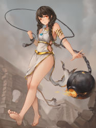 Rule 34 | 1girl, absurdres, armlet, ball and chain (weapon), barefoot, black hair, braid, brown eyes, crystalherb, feet, fire, full body, grey sky, highres, jewelry, looking at viewer, necklace, original, outdoors, parted lips, ruins, sky, tan, toes, twin braids, walking