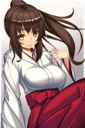 Rule 34 | 1girl, arm support, breasts, brown eyes, brown hair, closed mouth, commentary, floating hair, gradient background, grey background, hakama, hakama skirt, hand up, high ponytail, highres, japanese clothes, large breasts, long hair, long sleeves, looking at viewer, looking to the side, miko, original, ponytail, red hakama, red skirt, sidelocks, skirt, smile, solo, takanashi-a, wide sleeves