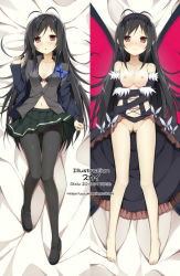 Rule 34 | 10s, 1girl, :o, accel world, antenna hair, bare shoulders, barefoot, black bra, black hair, black pantyhose, blush, bow, bra, breasts, butterfly wings, cleavage, clothes lift, collarbone, dakimakura (medium), dress, dual persona, elbow gloves, feet, female focus, gloves, groin, hairband, head tilt, insect wings, knees together feet apart, kuroyukihime, legs, lingerie, long hair, long legs, looking at viewer, lying, multiple views, navel, nipples, no bra, no panties, on back, open clothes, open mouth, pantyhose, pleated skirt, pussy, red eyes, school uniform, shoes, skirt, skirt lift, sky-freedom, small breasts, text focus, toes, uncensored, underwear, uniform, wings