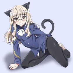 Rule 34 | animal ears, ascot, blonde hair, blunt bangs, cat ears, cat tail, crotch seam, glasses, highres, kogarashi51, looking at viewer, panties, panties under pantyhose, pantyhose, perrine h. clostermann, solo, strike witches, tail, thick eyebrows, underwear, uniform, world witches series, yellow eyes