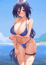 Rule 34 | 1girl, absurdres, arm under breasts, bikini, blue bikini, blue hair, blue sky, blush, breasts, cleavage, clorinde (genshin impact), closed mouth, cloud, collarbone, day, genshin impact, groin, highres, large breasts, long hair, looking at viewer, mi nyawn3, navel, ocean, outdoors, purple eyes, skindentation, sky, solo, stomach, strap gap, swimsuit, thigh strap, thighs, very long hair