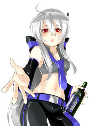 Rule 34 | 1girl, albino, alcohol, blouse, bottle, breasts, caffein, cleavage, detached sleeves, grey shirt, long hair, outstretched hand, red eyes, shirt, silver hair, solo, very long hair, vocaloid, yowane haku