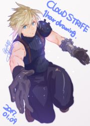Rule 34 | 1boy, armor, blonde hair, blue eyes, brown footwear, character name, closed mouth, cloud strife, dated, final fantasy, final fantasy vii, gloves, kudou asami, looking at viewer, one-hour drawing challenge, outstretched arms, shoulder armor, signature, sleeveless, sleeveless turtleneck, solo, spiked hair, suspenders, turtleneck, twitter username