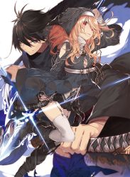 Rule 34 | 1boy, 1girl, black hair, black headwear, black skirt, blonde hair, breasts, brown eyes, cleavage, cleavage cutout, clothing cutout, cover image, garter straps, hat, hensou shinwagun kenpuu zanka no sorcery rhymes, highres, holding, holding sword, holding weapon, kuwashima rein, long hair, looking at viewer, medium breasts, miniskirt, novel illustration, official art, parted lips, pleated skirt, red eyes, second-party source, shiny skin, skirt, smile, sword, textless version, thighhighs, weapon, white thighhighs, zettai ryouiki