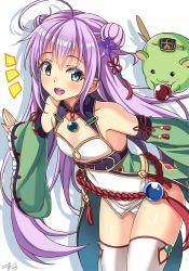 Rule 34 | 1girl, absurdres, ahoge, collarbone, commentary request, detached sleeves, double bun, flat chest, flower knight girl, gem, green eyes, hair ornament, highres, hihiirokane m, long hair, looking at viewer, open mouth, outstretched arms, purple hair, simple background, solo, spread arms, thighhighs