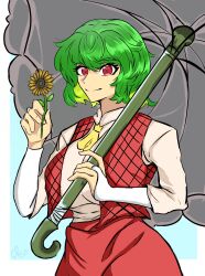 Rule 34 | 1girl, absurdres, ascot, blue background, breasts, closed mouth, collared shirt, commentary, cowboy shot, flower, green hair, highres, holding, holding flower, holding umbrella, kazami yuuka, large breasts, long sleeves, looking at viewer, parasol, plaid, plaid vest, red eyes, red skirt, red vest, retro (halfbaked2hu), shirt, short hair, simple background, skirt, smile, solo, sunflower, touhou, umbrella, vest, white shirt, yellow ascot