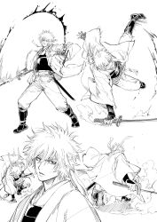 Rule 34 | 1boy, absurdres, arm guards, armor, breastplate, clenched teeth, gintama, greyscale, hair between eyes, handstand, highres, holding, holding sword, holding weapon, japanese clothes, katana, kimono, long sleeves, male focus, monochrome, multiple views, one arm handstand, parted lips, sakata gintoki, shoe soles, slashing, standing, sword, teeth, uraki (tetsu420), weapon, white background, wide sleeves