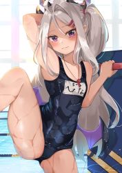 Rule 34 | 1girl, :3, ahoge, arm up, armpits, bare arms, blue archive, blue one-piece swimsuit, blush, closed mouth, commentary request, flower, hair ornament, hairclip, highres, hina (blue archive), hina (swimsuit) (blue archive), horns, lane line, long hair, looking at viewer, minertime, name tag, one-piece swimsuit, one side up, parted bangs, pool, purple eyes, school swimsuit, silver hair, solo, standing, standing on one leg, swimsuit, very long hair, water, whistle, whistle around neck