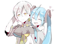 Rule 34 | 1boy, 1girl, ahoge, aqua hair, aqua necktie, bare shoulders, bell, black sleeves, braid, closed eyes, closed mouth, detached sleeves, grey shirt, hair bell, hair ornament, hand in own hair, hatsune miku, heart, highres, hug, iori yuzuru, long hair, looking at another, necktie, open mouth, shirt, sketch, sleeveless, sleeveless shirt, sleeves past fingers, sleeves past wrists, smile, twintails, very long hair, vocaloid, voiceroid, white background, white hair, white shirt, xxxx saki, yellow eyes
