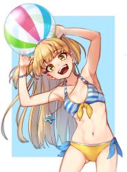 Rule 34 | 1girl, :d, armpits, arms up, ball, beachball, bikini, blonde hair, bracelet, breasts, cleavage, clothes writing, collarbone, commentary, cowboy shot, duplicate, eyelashes, fangs, front-tie top, green eyes, holding, holding ball, idolmaster, idolmaster cinderella girls, jewelry, jougasaki rika, kakaobataa, long hair, looking at viewer, navel, necklace, open mouth, pixel-perfect duplicate, side-tie bikini bottom, simple background, small breasts, smile, solo, star (symbol), star necklace, striped bikini, striped bikini top, striped clothes, swimsuit, teeth