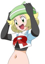 Rule 34 | 1girl, bianca (pokemon), blonde hair, cosplay, creatures (company), elbow gloves, game freak, gloves, hainchu, hand on head, jessie (pokemon), jessie (pokemon) (cosplay), nintendo, pokemon, pokemon (anime), pokemon bw (anime), simple background, solo, team rocket, team rocket (cosplay), white background