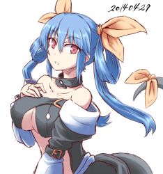 Rule 34 | 1girl, bare shoulders, belt, blue hair, breasts, choker, collarbone, dated, detached sleeves, dizzy (guilty gear), guilty gear, hair ribbon, hair rings, hand on own chest, kuro goma (kakkou11), long hair, long sleeves, red eyes, ribbon, simple background, solo, tail, tail ornament, tail ribbon, twintails, underboob, white background, whitesesame