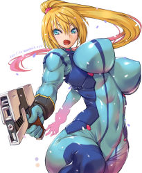 Rule 34 | 1girl, amania orz, blonde hair, blue bodysuit, blue eyes, blush, bodysuit, breasts, covered erect nipples, covered navel, dated, directed-energy weapon, energy gun, energy weapon, gun, handgun, impossible bodysuit, impossible clothes, large breasts, long hair, metroid, mole, mole under mouth, nintendo, paralyzer, pistol, ponytail, samus aran, shiny clothes, shiny skin, simple background, skin tight, smile, solo, standing, weapon, white background, zero suit