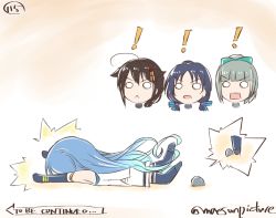 Rule 34 | !, &gt;:&lt;, 10s, 4girls, :&lt;, black hair, blue hair, closed mouth, commentary request, elbow gloves, english text, faceplant, gloves, gradient hair, grey hair, hair ornament, hairclip, kantai collection, long hair, mae (maesanpicture), multicolored hair, multiple girls, numbered, o o, on ground, open mouth, rectangular mouth, remodel (kantai collection), rock, samidare (kancolle), shigure (kancolle), suzukaze (kancolle), to be continued, tripping, twitter username, v-shaped eyebrows, yuubari (kancolle)