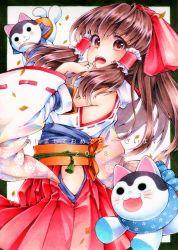 Rule 34 | 1girl, 2018, alternate costume, black border, border, bow, brown hair, cowboy shot, detached sleeves, from side, funnyfunny, hair bow, hair tubes, hakama, hakama skirt, hakurei reimu, hand up, highres, hip vent, japanese clothes, long hair, looking at viewer, marker (medium), new year, obi, open mouth, outside border, red bow, red eyes, red skirt, ribbon-trimmed sleeves, ribbon trim, sash, sidelocks, skirt, smile, solo, stuffed animal, stuffed cat, stuffed toy, touhou, traditional media