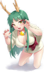 Rule 34 | 1girl, antlers, bad id, bad pixiv id, barefoot, blush, breasts, claw pose, cleavage, fang, full body, green hair, hair ribbon, highres, horns, japanese clothes, kamiyama aya, large breasts, long hair, nail polish, open mouth, original, ribbon, simple background, smile, solo, white background, yellow eyes