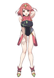 Rule 34 | 1girl, :d, bare shoulders, black one-piece swimsuit, breasts, chest jewel, commentary, competition swimsuit, green322, hand on own thigh, hand on thigh, headpiece, highres, jewelry, leaning forward, looking at viewer, medium breasts, one-piece swimsuit, open mouth, pyra (pro swimmer) (xenoblade), pyra (xenoblade), red eyes, red hair, red one-piece swimsuit, revision, shoes, short hair, smile, solo, swept bangs, swimsuit, tiara, two-tone swimsuit, xenoblade chronicles (series), xenoblade chronicles 2