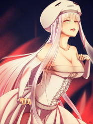 Rule 34 | 1girl, absurdres, at2., bare shoulders, blush, breasts, cleavage, collarbone, dress, elbow gloves, female focus, ghast, gloves, hat, highres, large breasts, light purple hair, long hair, looking at viewer, minecraft, mole, mole under eye, neck, open mouth, parted lips, personification, red eyes, solo, strapless, strapless dress, tears, teeth, very long hair, white dress, white gloves