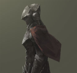 Rule 34 | 1other, ambiguous gender, armor, azomo, breastplate, cape, from side, full armor, gauntlets, grey background, helmet, original, profile, red cape, simple background