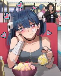 Rule 34 | 2boys, 2girls, artist self-insert, black nails, blue hair, bowl, breasts, cherry, choker, cleavage, closed mouth, diner, earrings, english text, food, fruit, grey sports bra, hair ornament, hatsune miku, heart, heart-shaped pupils, highres, ice cream, indoors, jewelry, ji-yoon (jourd4n), jourd4n, looking at viewer, medium hair, multiple boys, multiple girls, mustard, original, pov, red eyes, sitting, skull hair ornament, smile, solo focus, sports bra, symbol-shaped pupils, twintails, upper body, vocaloid, x arms