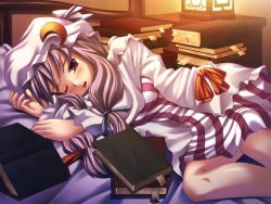 Rule 34 | 1girl, ;o, bed, bed sheet, blush, book, bow, braid, crescent, dress, female focus, grey hair, hat, hood, ichio, indoors, lamp, lantern, light, long sleeves, looking back, lying, mob cap, moon, nightgown, on bed, on side, one eye closed, open mouth, paper lantern, patchouli knowledge, pillow, pink dress, purple eyes, purple hair, solo, table, touhou, waking up