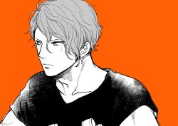 Rule 34 | 1boy, barbell, black shirt, closed mouth, collarbone, commentary, greyscale with colored background, hair between eyes, halftone, hatta ayuko, highres, ima koi wo shiteimasu., looking to the side, male focus, nose, orange background, shirt, short hair, short sleeves, simple background, sketch, t-shirt, tsurime, upper body, v-neck, yagyuu kazuma