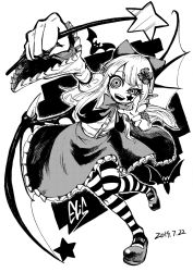 Rule 34 | 1girl, bat (animal), bat wings, bow, buttons, cape, character name, crazy eyes, dated, elis (touhou), facial mark, fang, fingernails, flower, frilled skirt, frills, greyscale, hair flower, hair ornament, heran hei mao, holding, holding wand, leg up, long hair, long sleeves, looking at viewer, mary janes, monochrome, multicolored clothes, multicolored legwear, open mouth, outstretched arm, pantyhose, pointy ears, shirt tucked in, shoes, skirt, smile, star (symbol), star wand, striped clothes, striped pantyhose, striped thighhighs, talons, thighhighs, touhou, touhou (pc-98), v, wand, wide sleeves, wings
