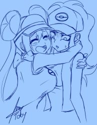 Rule 34 | 2girls, artist name, bare shoulders, baseball cap, blue background, blush, bouncing breasts, bow, breast envy, breasts, cheek-to-cheek, closed eyes, constricted pupils, creatures (company), cropped torso, double bun, furrowed brow, game freak, hair between eyes, hair bun, hat, heads together, hilda (pokemon), hug, large breasts, long hair, long sleeves, looking at breasts, looking down, medium breasts, monochrome, motion lines, multiple girls, nintendo, open mouth, parted lips, poke ball print, poke ball symbol, pokemon, pokemon bw, pokemon bw2, ponytail, print headwear, rosa (pokemon), shaded face, shirt, sidelocks, signature, simple background, sketch, sleeveless, sleeveless shirt, smile, sweatdrop, tobyllitos, twintails, upper body, vest, visor cap