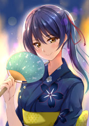 Rule 34 | 1girl, alternate hairstyle, blue hair, blue kimono, blush, ca ba ya ki, closed mouth, commentary request, floral print, hair between eyes, hand fan, highres, holding, holding fan, japanese clothes, kimono, long hair, long sleeves, looking at viewer, love live!, love live! school idol festival, love live! school idol project, paper fan, ponytail, simple background, smile, solo, sonoda umi, upper body, yellow eyes, yukata