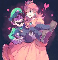 Rule 34 | ;), atsuko (pixiv2232917), blue eyes, brown hair, carrying, cowboy shot, crown, dress, earrings, eye contact, facial hair, flower earrings, gloves, green hat, hat, heart, heart-shaped pupils, jewelry, looking at another, luigi, mario (series), mustache, nintendo, one eye closed, orange hair, overalls, princess carry, princess daisy, smile, standing, symbol-shaped pupils, white gloves, yellow dress