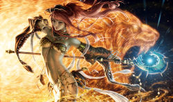 1girl bracelet breasts chester_ocampo choker cleavage detached_sleeves female_focus fire jewelry long_hair lots_of_jewelry medium_breasts midriff original red_hair solo staff underboob