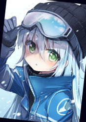 Rule 34 | 1girl, beanie, black gloves, black hat, black sweater, blue hair, blue jacket, blush, commentary request, darnell, gloves, goggles, goggles on headwear, green eyes, hair between eyes, hat, jacket, korean commentary, long hair, long sleeves, original, parted lips, ski goggles, snowing, solo, sweater, winter