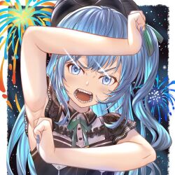 Rule 34 | 1girl, blue eyes, blue hair, blue nails, hololive, honkivampy, hoshimachi suisei, looking at viewer, matching hair/eyes, nail polish, open mouth, shouting with hands, solo, teeth, upper body, virtual youtuber