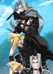 Rule 34 | 2boys, armor, belt, belt buckle, black coat, black footwear, black gloves, black pants, blonde hair, blue sky, bracer, buckle, carrying, carrying person, carrying under arm, chest harness, cloud, cloud strife, cloudy sky, coat, covering own mouth, day, dynamic pose, elbow gloves, final fantasy, final fantasy vii, forest, gloves, green eyes, grey hair, harness, high collar, highres, holding, holding clothes, holding shirt, holding sword, holding weapon, katana, lifting person, long coat, long hair, male focus, messy hair, motion blur, multiple boys, nature, open clothes, open coat, outdoors, pants, pauldrons, sephiroth, shirt, shoulder armor, sick, sky, slit pupils, smirk, sub fan art, surprised, sweatdrop, sword, weapon, white eyes
