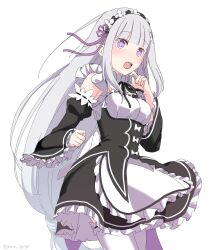 1girl apron black_ribbon black_skirt black_sleeves blunt_bangs blush bow cowboy_shot detached_sleeves emilia_(re:zero) floating_hair frilled_apron frilled_skirt frilled_sleeves frills grey_hair hair_ribbon highres long_hair long_sleeves miniskirt neck_ribbon nnn_yryr open_mouth purple_eyes purple_ribbon re:zero_kara_hajimeru_isekai_seikatsu ribbon roswaal_mansion_maid_uniform simple_background sketch skirt solo standing thighhighs underbust very_long_hair waist_apron white_apron white_background white_bow white_thighhighs wide_sleeves