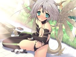 Rule 34 | 1girl, anzu, blush, flat chest, game cg, grey hair, ito noizi, peace@pieces, solo, tears, thighhighs, wings