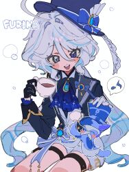 Rule 34 | 1girl, :d, ahoge, ascot, asymmetrical gloves, black gloves, black jacket, blue ascot, blue brooch, blue eyes, blue gemstone, blue hair, blue hat, blue ribbon, blue sash, blush, brooch, character name, commentary request, cowboy shot, cup, frilled ascot, frills, furina (genshin impact), gem, genshin impact, gloves, grey hair, hair between eyes, hat, hat ribbon, heterochromia, highres, holding, holding cup, jacket, jewelry, long hair, low ponytail, mismatched gloves, multicolored hair, musical note, octopus, open clothes, open jacket, open mouth, ribbon, sash, shorts, simple background, sitting, sleeve cuffs, smile, solo, sparkle, split ponytail, spoken musical note, streaked hair, teacup, teeth, ten (ugoki tennen48), thigh strap, top hat, upper teeth only, very long hair, waist sash, wavy hair, white background, white gloves, white shorts