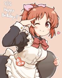 Rule 34 | abe nana, arm up, blush, bow, breasts, brown eyes, brown hair, closed mouth, dated, happy birthday, heart, hemoglosso, holding, holding tray, idolmaster, idolmaster cinderella girls, looking at viewer, maid, medium breasts, one eye closed, protected link, red bow, short hair, short ponytail, smile, solo, tray, v over eye